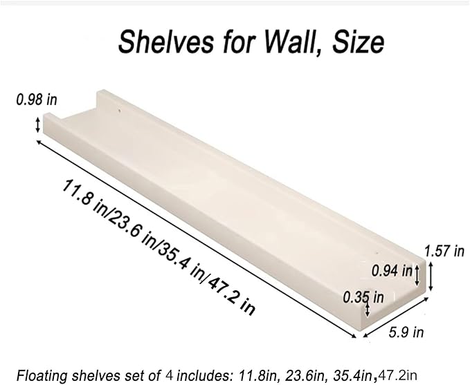 Radiator Cover Shelf, Long White Floating Shelves Wood Shelving Wall Mounted for Living Room Bedroom Kitchen Bathroom Office Storage Organizer Decoration (White, Set of 4)