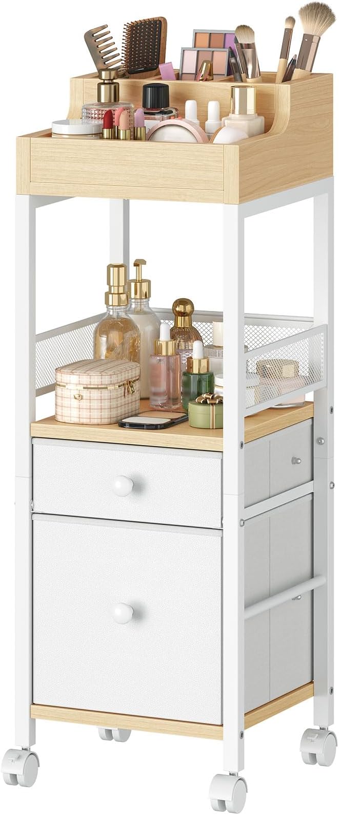 HOOBRO Jewelry Box with Mirror and Makeup Organizer Cart with Fabric Drawers Bundles, Jewelry Storage Case, Cosmetics Display Cases, for Earrings, Rings, Necklaces, Bracelets WT03JB04G2-WN19TC04