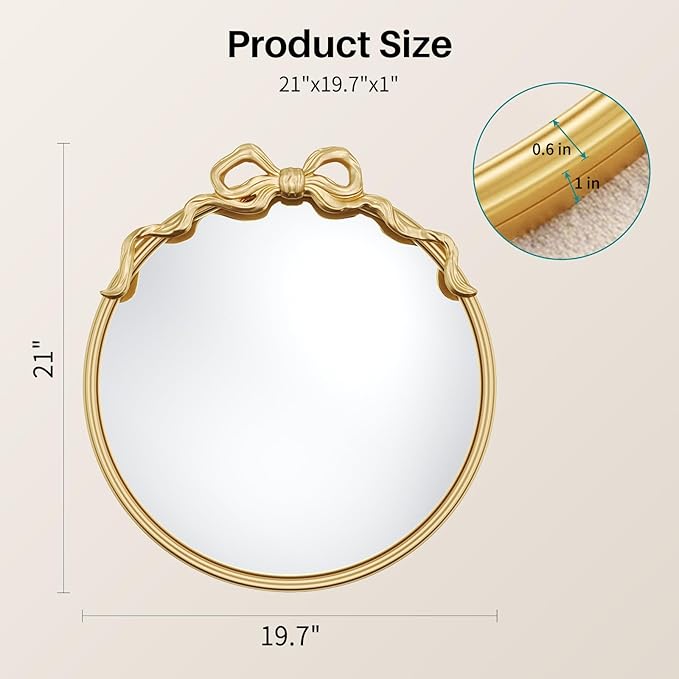 Round Gold Wall Mirror - 21"x21" Baroque Vintage Ornate Mirrors of Wall, Antique Gold Bow Mirror Circle with Metal Frame for Living Room, Bedroom, Nursery, Bathroom, Entryway, Hallway