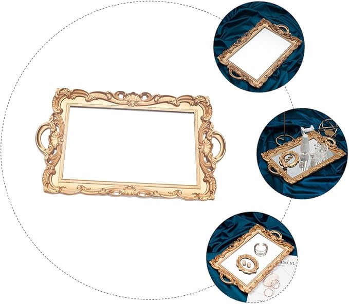 Retro Mirror Makeup Tray Golden Rectangular Plastic Cosmetics Storage Plate European Style Perfume Organizer Decorative Household Vanity Display Tray