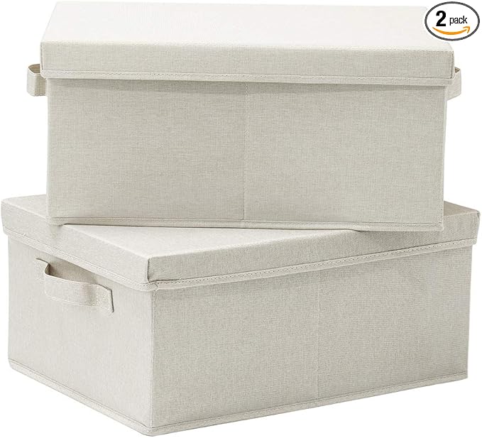 HOONEX Foldable Storage Bins with Lids, 2 Pack, Storage Boxes with Carrying Handles and Sturdy Heavy Cardboard, 16.5" L x 11.8" W x 7.5" H for Shoes, Books, Clothes, Beige