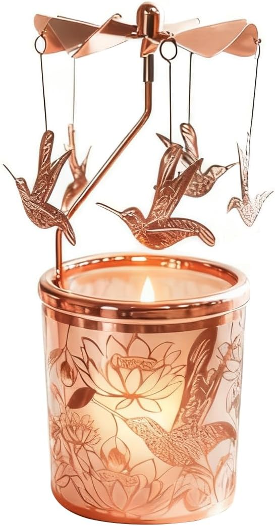 Metal Rotary Candle Holder Spinning Windmill Tea Light Carousel Decor for Home & Gifts (Rose Gold Hummingbird)
