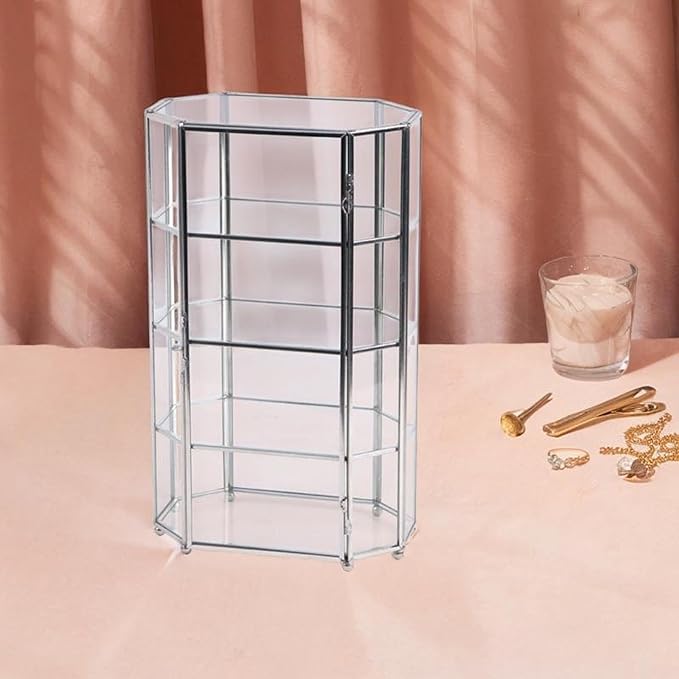 Vaveren Desktop Glass Makeup Storage Box with 4 Layers Trinket Earring Ring Holder Brass Frame Cosmetic Organizer for Bathroom Vanity