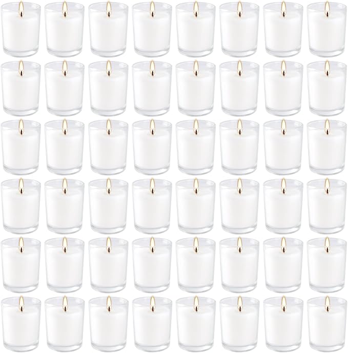 YOROXRG 48 Pack White Unscented Clear Glass Filled Votive Candles. Hand Poured Wax Candle Ideal Gifts for Home Décor Parties Weddings Holidays and Meditation (White)