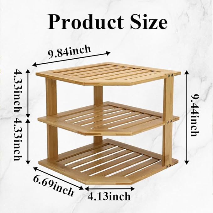 AKAZA 3-Tier Corner Shelf Counter and Cabinet Organizer - Steel Metal Wire - Rust Resistant (Bamboo)