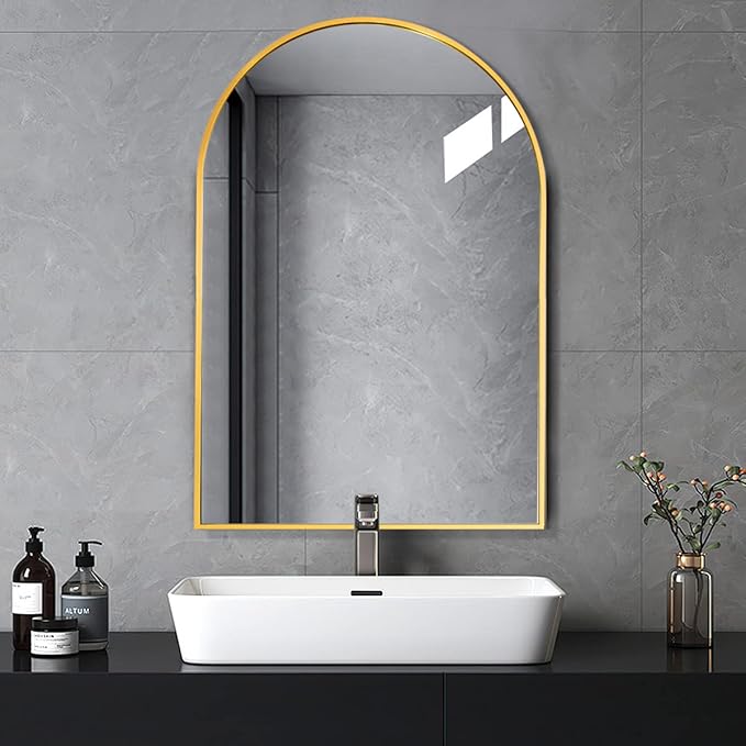 Arched Wall Mirror, Gold Decorative Hanging Mirror, 38"x26" Vanity Mirror Brushed Aluminum Alloy Frame for Bathroom, Bedroom, Living Room, Entryway, Hang Vertical or Horizontal