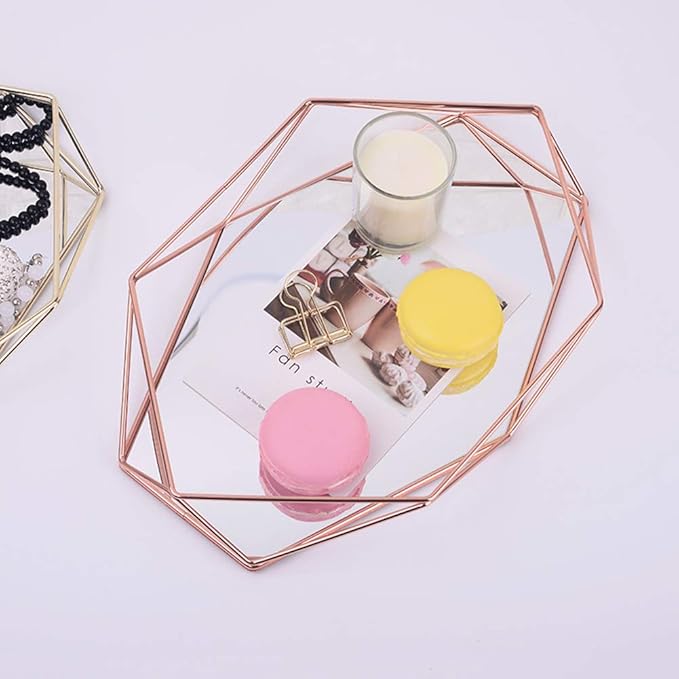 Decorative Tray Mirrored Metal Ornate Vanity Jewelry Cosmetic Table Organizer Storage Geometric Prisma Tray Desk Countertop Decor Gift Nordic Simple Style (Rose Gold)
