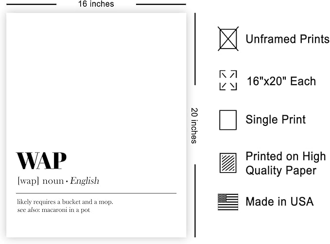 Poster Master Definition of WAP Print - Typography Poster - Dictionary Art - Minimal Gift for Men & Women - Funny Wall Decor for Dorm, Bedroom or Living Room - 16x20 UNFRAMED Wall Art