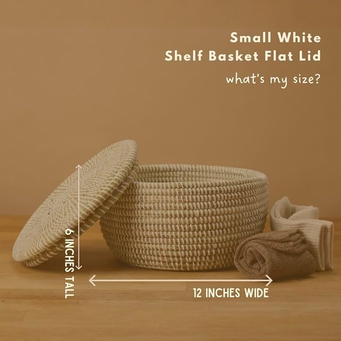 Small Woven Basket with Lid, White, Flat Lid, 10 Inch Wide