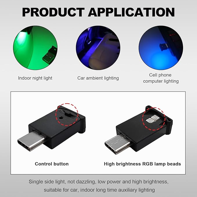 DXNQ 2PCS USB Type C LED Ambient Light, 8 Colors RGB Dynamic Atmosphere Lamp Car Interior Decor USB Night Light, Adjustable Bright Plug-in Mini Ambient Lighting Kit for Car Laptop