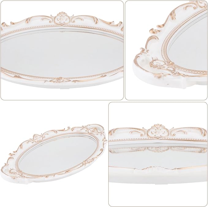 Oval Vintage Decorative Mirror Tray for Jewelry and Makeup Organizer Antique Style Photo Prop and Serving Display Elegant White Vanity Tray for Home and Events
