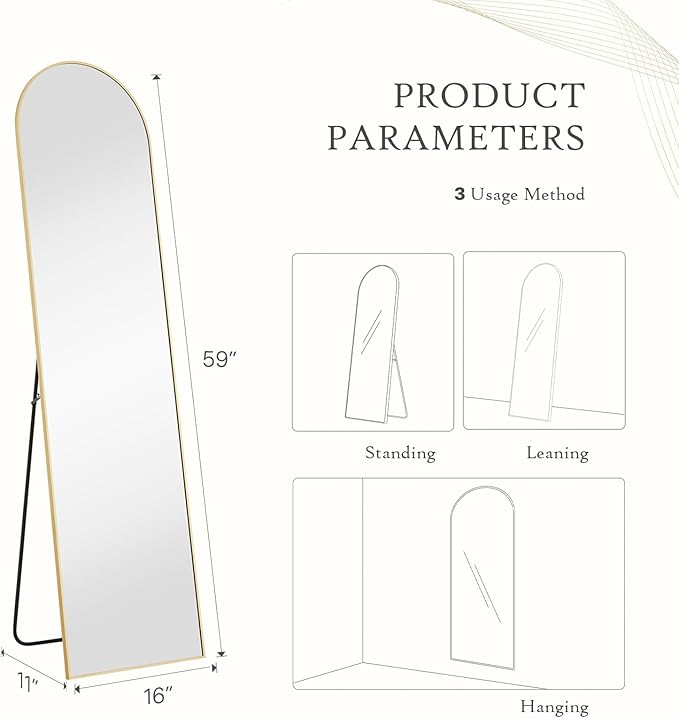 Mirror Full Length, Upgraded Body Wall Mirrors with Shatter-Proof Glass, Floor Standing, Hanging or Leaning, Tall Mirror with Stand Aluminum Alloy Frame for Bedroom