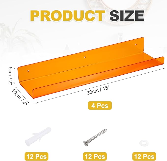 MECCANIXITY 4 Pack Acrylic Shelves for Wall, 15 Inch Orange Floating Shelves Wall Mount Display Shelf Organizer for Bathroom, Bedroom, Living Room, Room Decor
