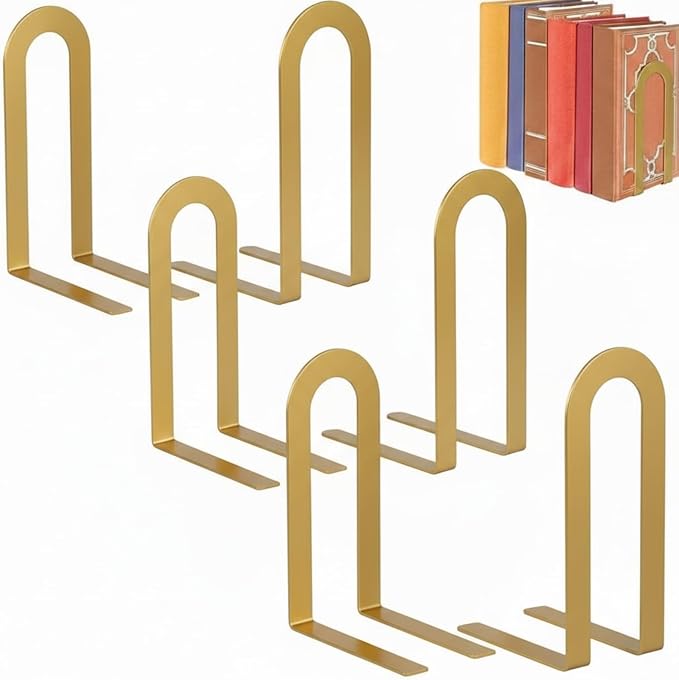 Chunful 12 Pcs Modern Metal Book Ends for Shelves Decorative Small Bookends Book Shelf Organizer Minimalist Design Stopper to Hold Books for Office (Round,Gold)