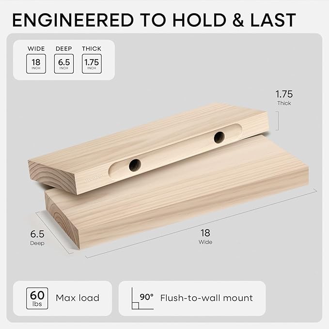 Homeforia 18 inch Wood Floating Shelves, High End Solid Natural Wood 18inch Floating Shelf for Wall Mounted, Unfinished Wooden 18in Floating Shelves, Heavy Duty Bracket, 18 X 6.5 X 1.75 inch, Set of 2