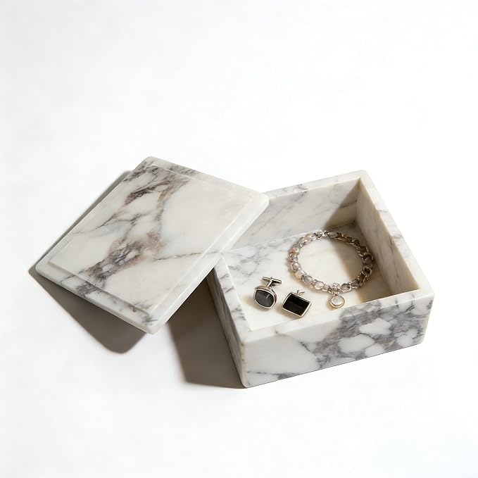 Luxury Marble Storage Box with Lid, White and Purple Veined Pattern, Decorative Organizer for Makeup Brushes, Jewelry, Bathroom Accessories (Square)