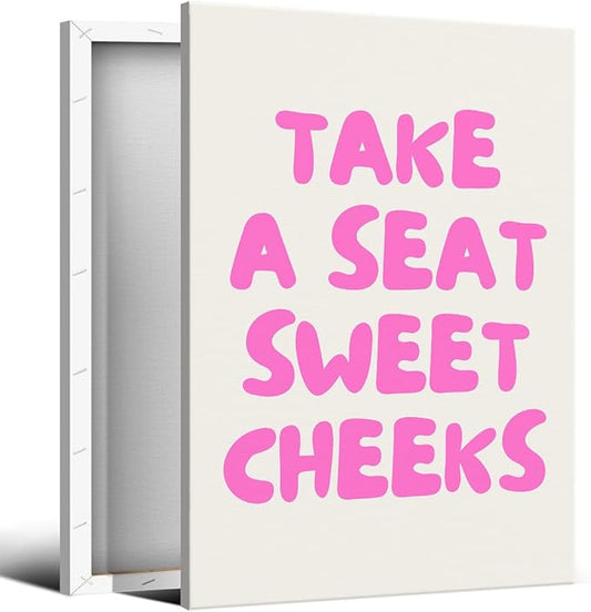 abrtolpffo Pink Take A Seat Sweet Cheeks Canvas Wall Art, Cute Quotes Aesthetic Poster for Room, Funny Bathroom Wall Decor, Trendy Girly Light Pink Restroom Picture Print 16x24in Wrapped Canvas