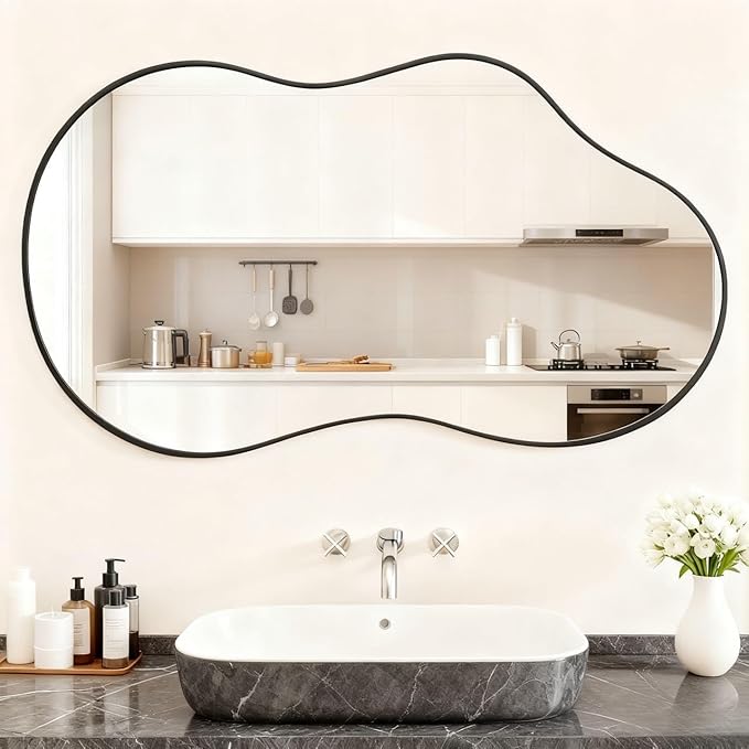 Itrue 20x36 Inch Black Framed Irregular Tempered Glass Wall Mirror, Asymmetrical Vanity Mirror for Bathroom, Bedroom, Entryway