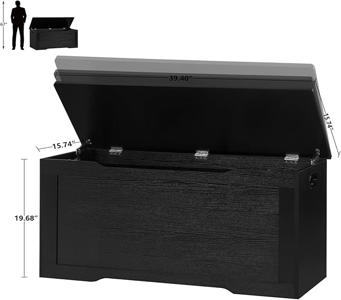 usikey 39.4” Storage Chest, Toy Chest, Toy Box with Safety Hinges, Lift Top Storage Bench, Supports 220 lb, for Living Room, Bedroom, Entryway, Black