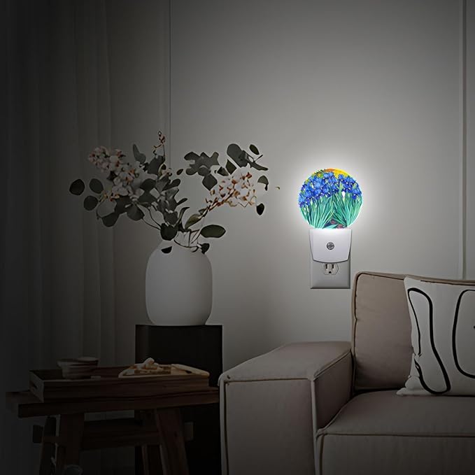 Blue Flower Oil Painting Night Light Plug Into Wall Auto Led Sleep Round Lamp for Living Room Hallway Stairs