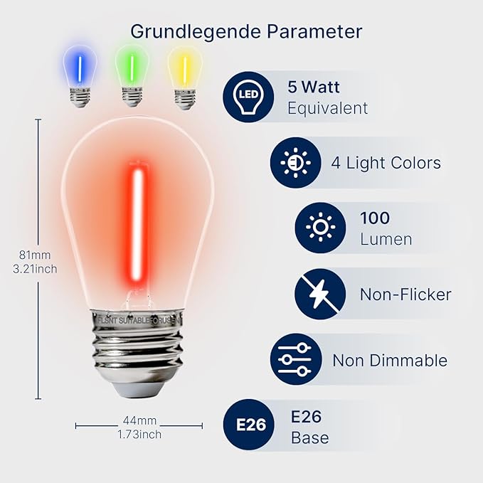 FLSNT 48 Pack S14 Colored LED String Light Bulbs, Waterproof Outdoor Replacement Bulbs, E26 Base, CRI80, Red/Green/Blue/Warm White