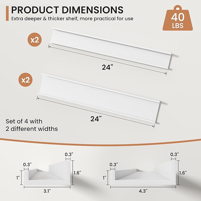 Fun Memories Picture Ledge Shelves Set of 4, 24 Inch Rustic Wall Mounted Floating Shelves with Lip for Home Storage and Décor in Bathroom, Kitchen, Nursery, Bedroom, Living Room, White