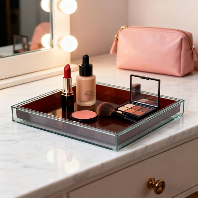 10"x10" Brown Acrylic Tray, Decorative Bathroom Vanity Counter Tray for Perfume, Candle, Soap, Coffee Table & Kitchen – Square Acrylic Organizer for Sink, Entryway Table, Dresser Home Decor