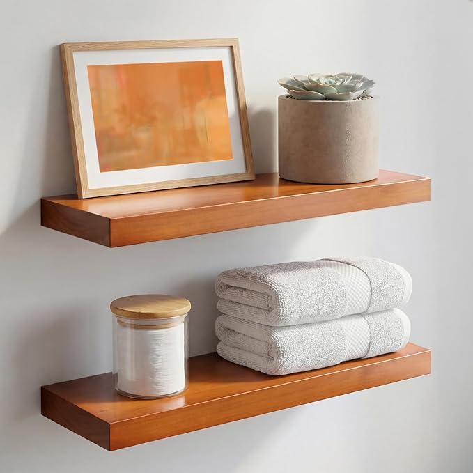 Homeforia 18 inch Floating Shelf Oak, High End Solid Real Wood 18inch Long Floating Shelves for Wall Mounted, Honey Oak Wooden 18in Floating Shelves, Heavy Duty Bracket, 18 X 6.5 X 1.75 inch, Set of 3