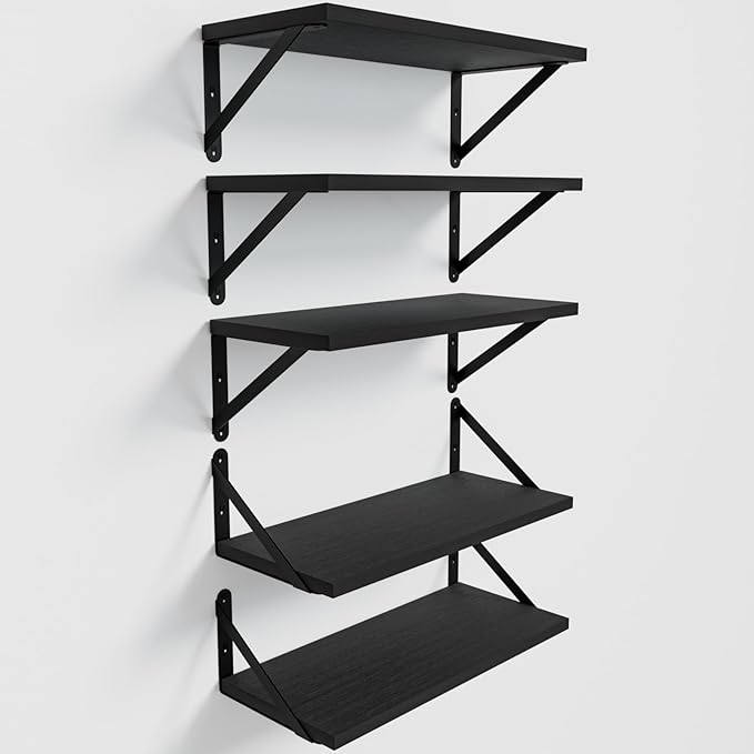 COCOYA Wall Shelves 7.3" Deep Set of 5, Solid Paulownia Wood Wider Longer Sturdy Easy to Install Wall Mounted Bookshelves Storage Shelves Bathroom Home Office Laundry Room Bedroom Organizer Black