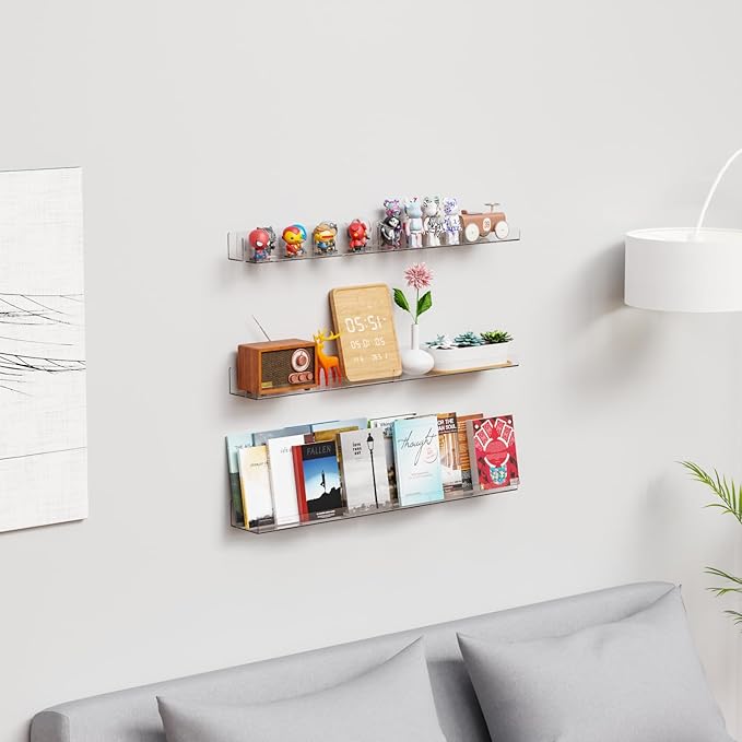 Yieach 4 Pack Acrylic Shelves for Wall Storage,No Drilling Adhesive Shelves,Clear Stick On Bathroom Wall Shelf Organizers,Plastic Floating Shelves for Perfume,Funko,Lego,Skincare,Bookshelf for Kids