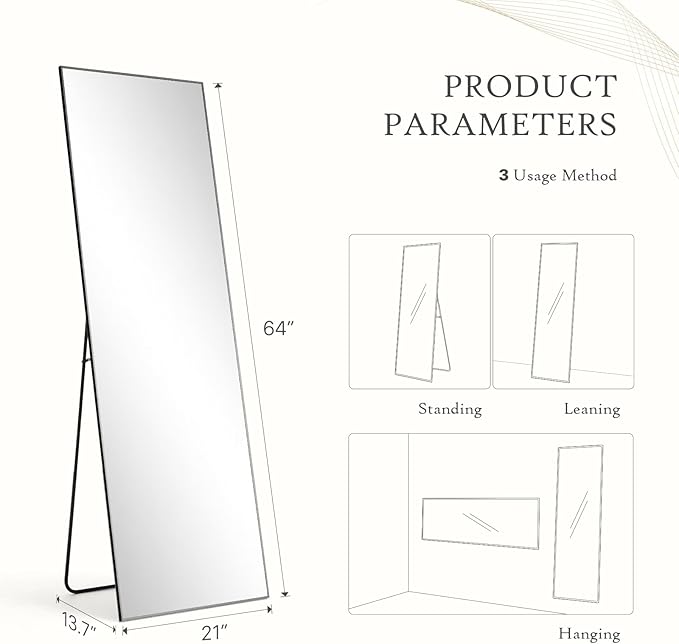 Mirror Full Length, Upgraded Body Wall Mirrors with Shatter-Proof Glass, Floor Standing, Hanging or Leaning, Tall Mirror with Stand Aluminum Alloy Frame for Bedroom