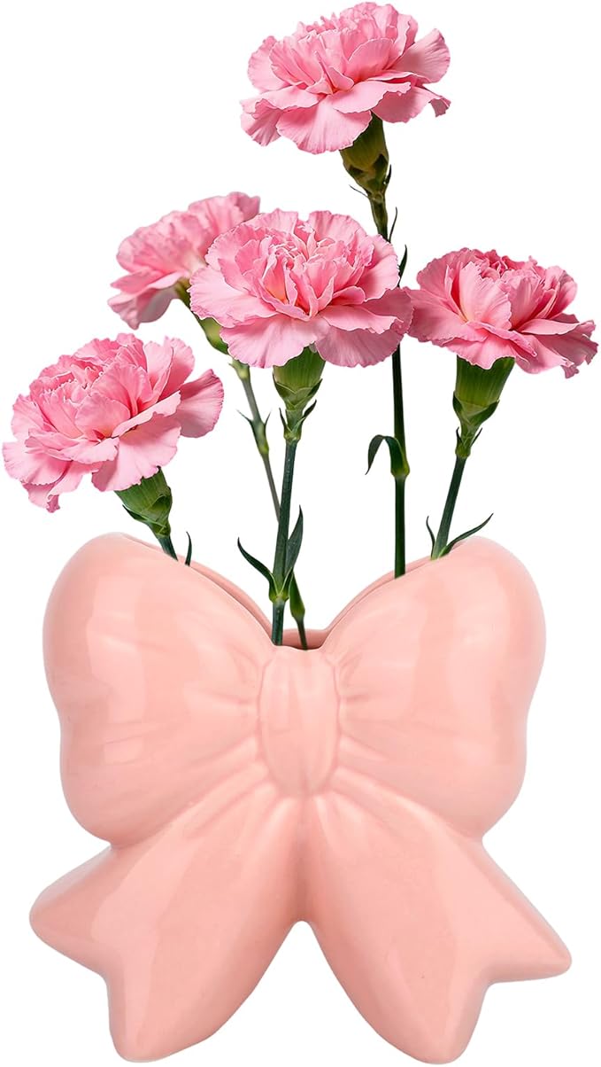 Pink Bow Ceramic Vase, Pink Ceramic Vase Pen Holder Makeup Brush Organizer for Home Office Decor