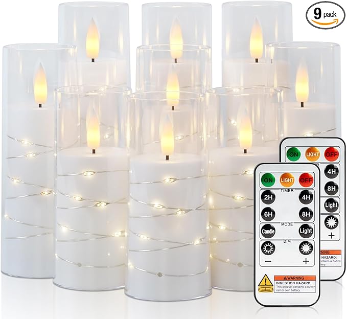 Raycare Flameless Candle with Remote Timer – 9 Flickering Acrylic Battery Operated LED Pillar Candles with Embedded Star String for Valentine's Day, Home Decor, and as a Gift (White)