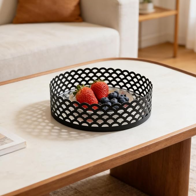 Black Metal Decorative Tray with Mirror Base - Round Vanity Tray for Makeup Brushes, Jewelry, Perfume, and Home Décor(7.3”X2”)