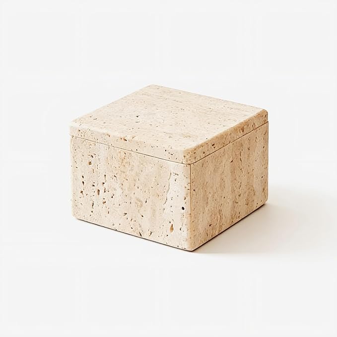 Natural Marble Storage Square Containers Cotton Swab Holder, Organizers with Lids,Travertine Stone Box for Qtips, Makeup, Bathroom Essentials & Home Storage (square box)