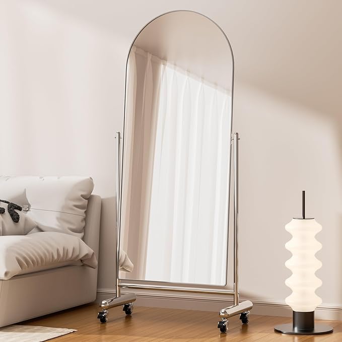 Large Arched Full Length Mirror on Wheels, Rolling Tilting Swivel Floor Mirror 65" x 23" with Tempered Glass and Metal Frame, Modern Dressing Mirror Body Mirror, Home Decor,Silver