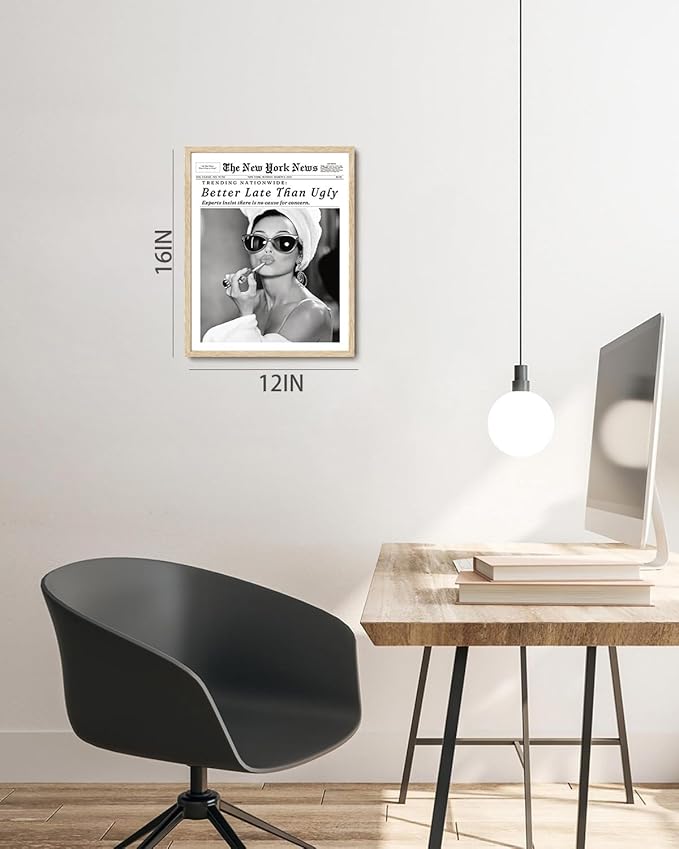 Bwodke OAK Wood Framed Wall Art Audrey Hepburn Newspaper Canvas Art Vintage Headline Pictures Wall Decor Better Late Than Ugly Prints Trendy Artwork for Girly Dorm Bedroom Bathroom 12"x16"