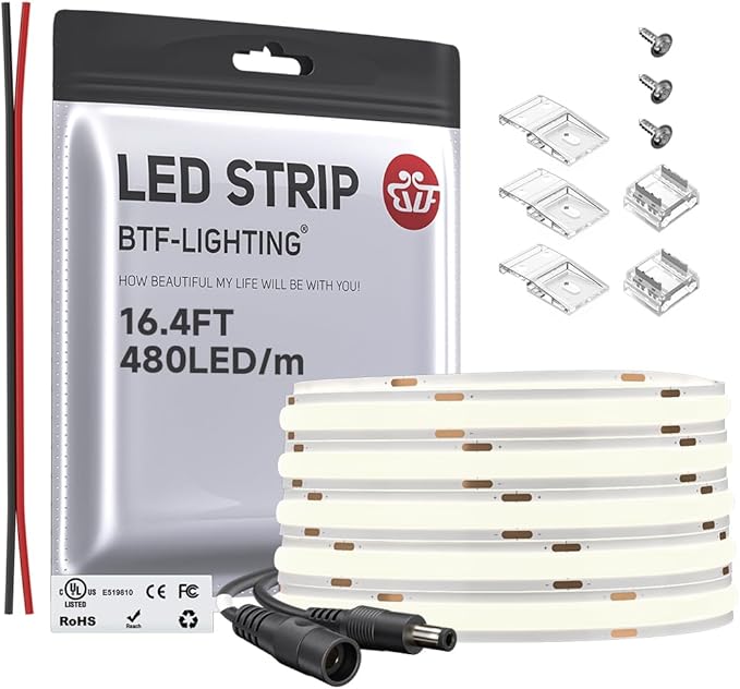 BTF-LIGHTING FCOB COB LED Strip Flexible High Density Uniform Light 9W/m 16.4FT DC12V Daylight White 5000K 480LEDs/m CRI 90+ 8mm Width Dimmable LED Ribbon for Indoor Decor(No Adapter or Controller)