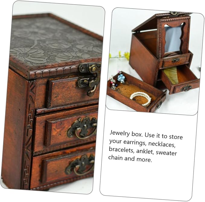 Cabilock Chinese Style Wooden Jewelry Box with Mirror Dust Jewelry Storage Holder for Rings Necklaces Earrings Practical Makeup Organizer Elegant Women