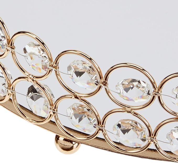 Crystal Decorative Tray Metal Mirrored Perfume Cosmetic Organizer Jewelry Trinket Display Storage Vanity Trays Home Décor Accents Luxury Gift (Round, 10in, Gold)