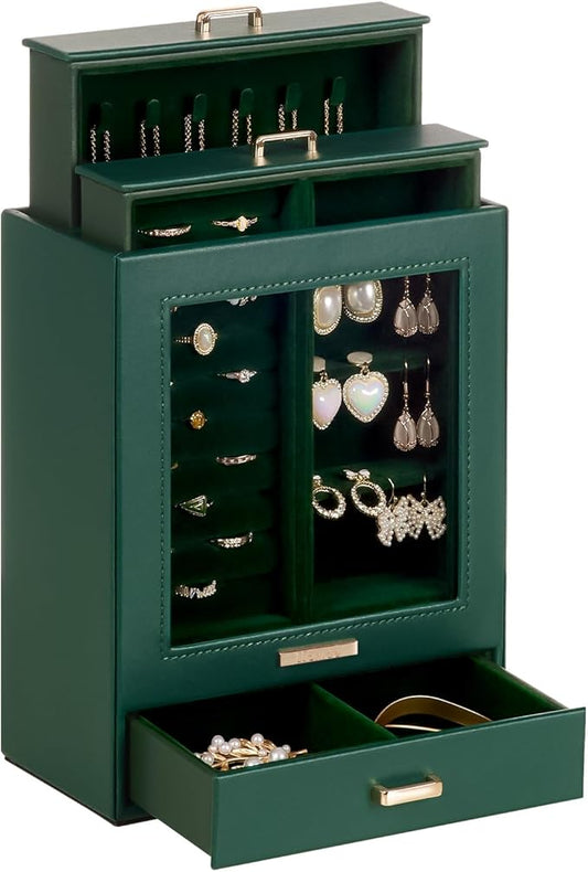 Homde Mothers Day Gifts Jewelry Organizer Girls Women Jewelry Box for Necklaces Rings Earrings Gift Bracelets Storage Case (Forest Green + Gold)
