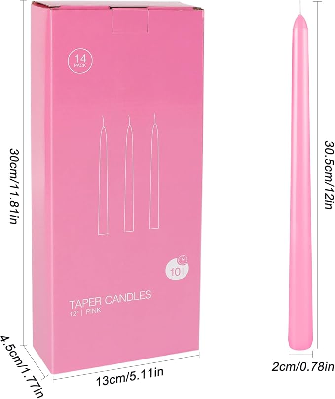 Howemon 14 Pack Pink Taper Candles 12 Inch Tall 3/4 Inch Thick Burn 10 Hours