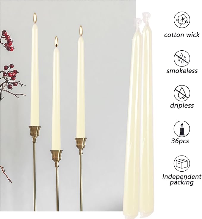 YOROXRG 36 Pack Ivory White Taper Candles, 7-8 Hours Burn Time, Unscented, Smokeless and Dripless, 0.8 x 10 Inch Dinner Candle Set for Household, Wedding, Party and Home Décor Candlesticks