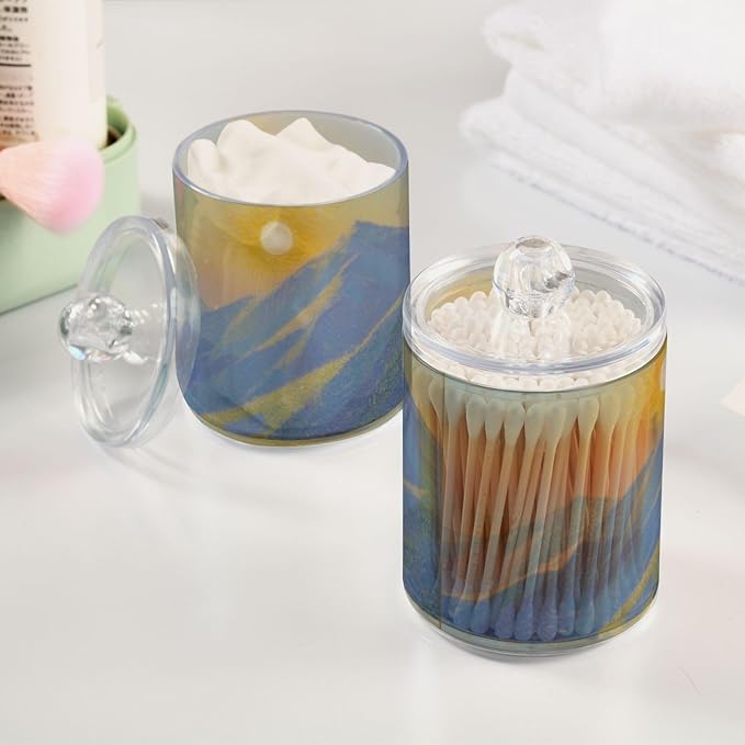 2 Pack Apothecary Jars Cartoon Mountains and Sun Bathroom Vanity Storage Organizer Set,Small Clear Plastic Storage Jars Bathroom Canister for Cotton Swabs, Rounds, Balls, Qtips,Makeup Sponges,