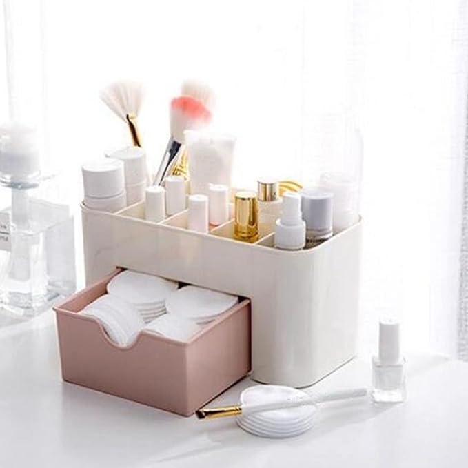 6 Compartments Cosmetics Makeup Organizer Cosmetic Storage Box with Drawer Multifunctional Makeup Desk Organizer for Home Bathroom(Pink)