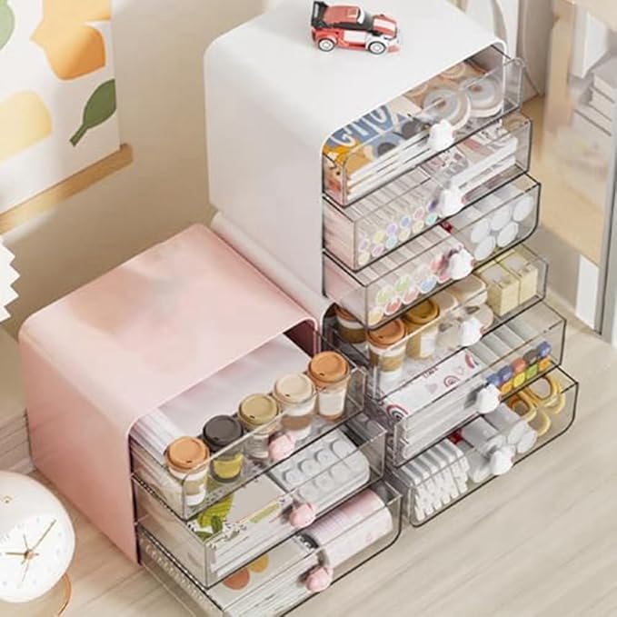 Cosmetic Trays 3 Tiers Makeup Organizer Holder Cosmetic Storage Box, Bathroom Countertop, Desk with Drawers Pink-B