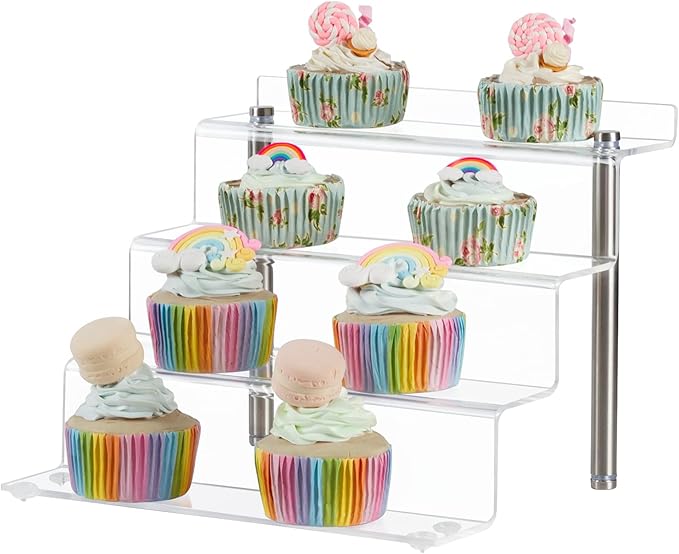 CECOLIC Acrylic Riser Shelf 4 Tier Clear Display Stand for Collectibles Pop Figures, Cupcakes, Perfumes, Display Risers for Decorating & Organizing - 9 x 8.3 x 6.8 in (Small, 2 Pack)