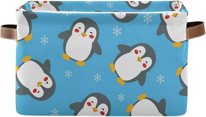 Christmas Snow Penguin Blue Print Rectangular Storage Bin Basket with Handles - Organizer Bins Laundry Storage Basket for Pets Room Books Closet
