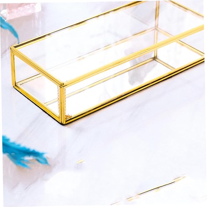 Uonlytech Vintage Geometric Glass Jewelry Storage Box with Golden Trim Desktop Organizer for Earrings Rings Necklaces Elegant Display Case for Wedding Favors and Makeup Storage