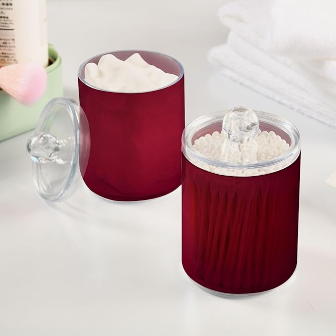 Burgundy Red Solid Color 2 Pack Qtip Holder Dispenser Clear Plastic Apothecary Jar with Lid Bathroom Organizer Vanity Makeup Storage Containers for Cotton Ball, Cotton Swab, Floss